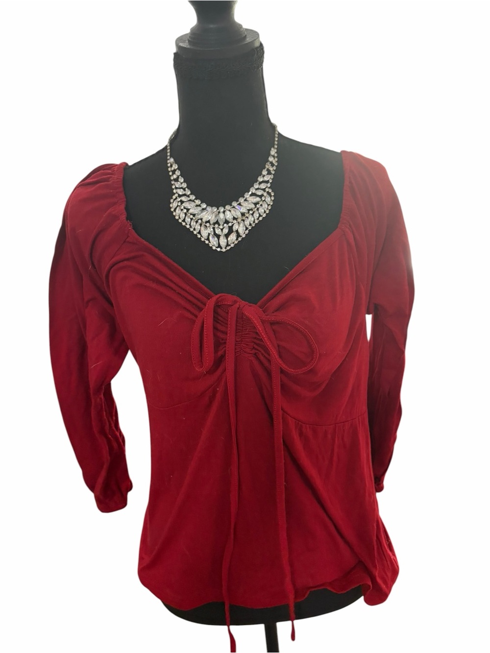 SHEIN Red Tie-Front Long Sleeve Peasant Top